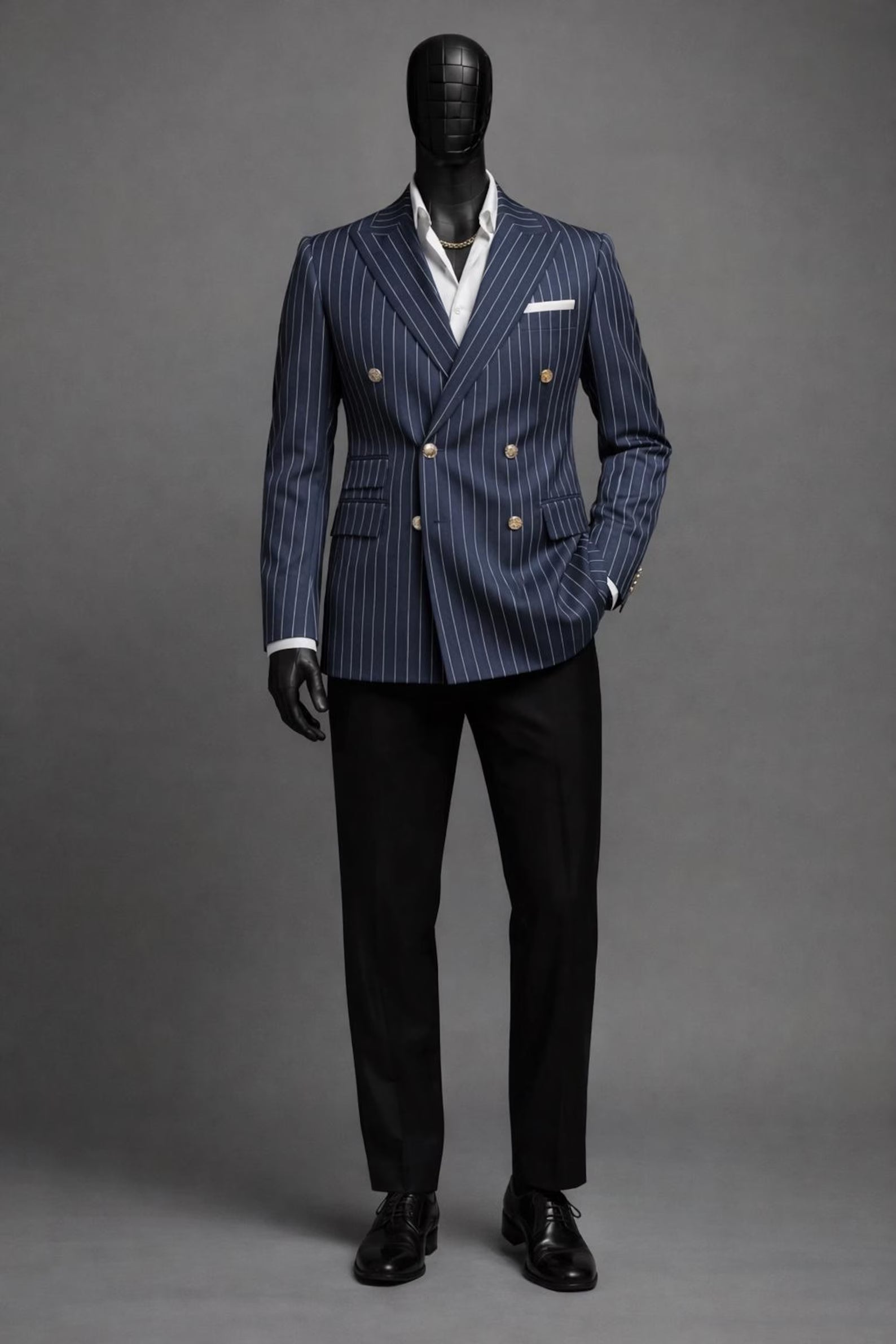 Navy Blue Pinstripe Double Breasted Suit, Men's Slim Fit Formal Wedding Business Wear