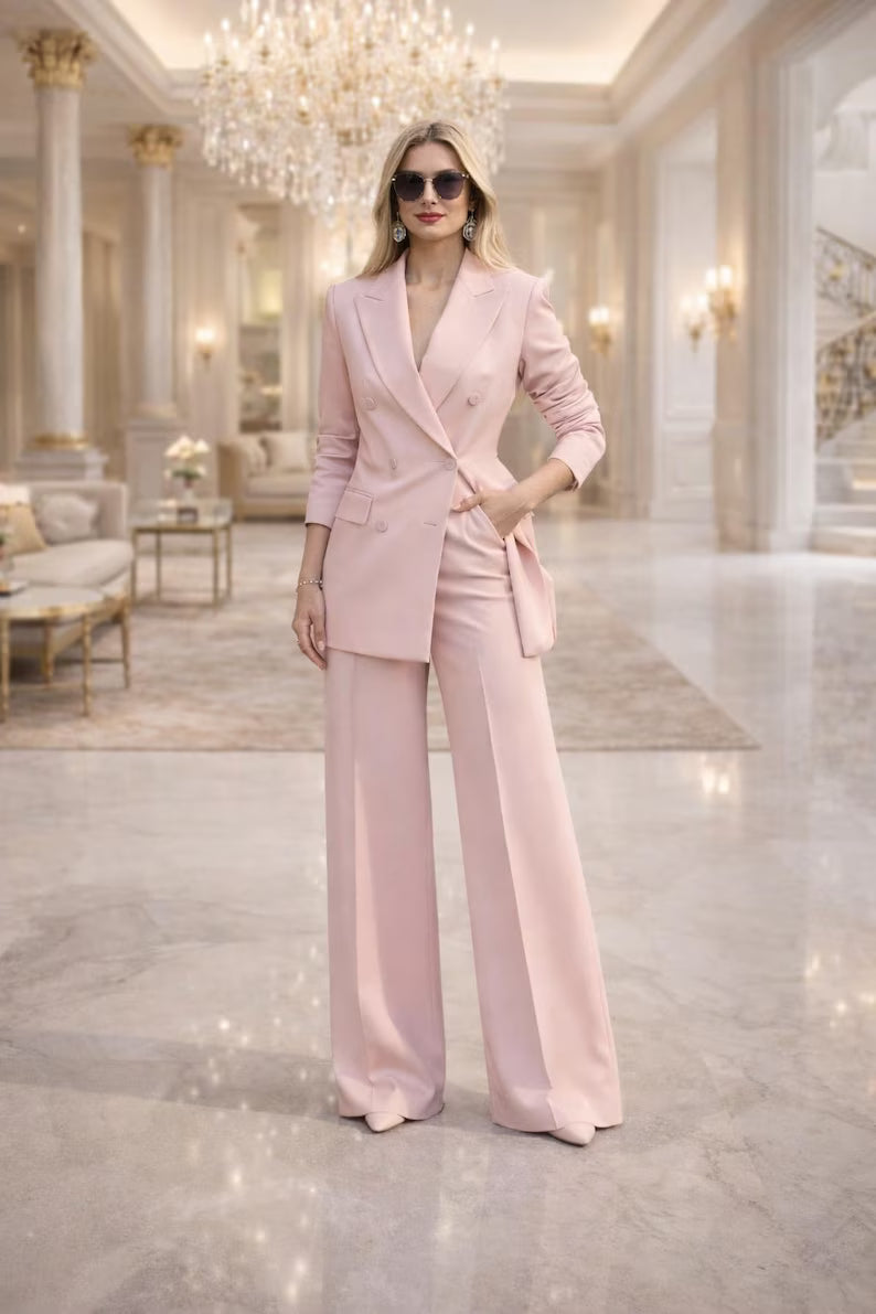 Women Pink Pantsuit Set, Double Breasted Blazer Suit, Wide Leg Trouser Suit, Wedding Formal Suit Women, Custom MadeBy Maricsuits