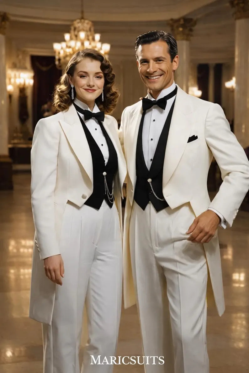 White Tailcoat Tuxedo Suit, Black Vest, Formal Wedding, Prom, Evening Wear