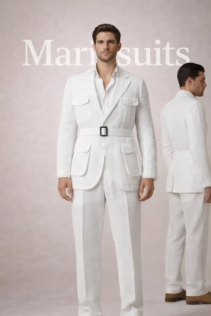 Men's White Linen Safari Suit, Belted Jacket, Groom Wedding Summer Formal Wear