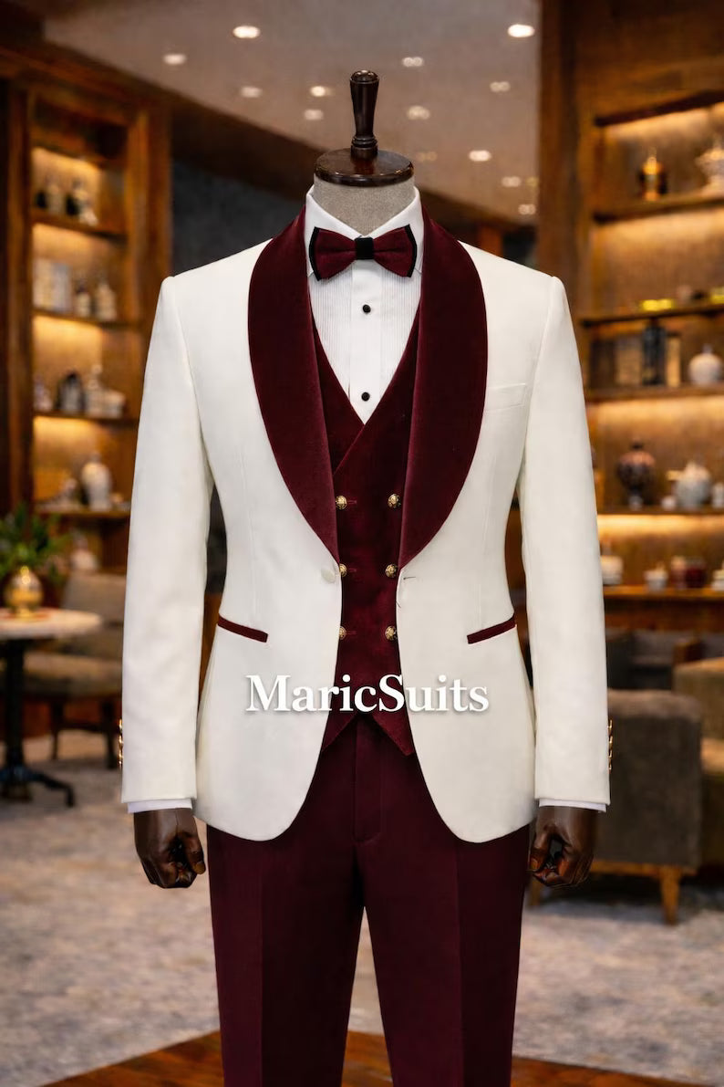 Ivory Velvet Shawl Lapel Tuxedo Suit, Burgundy 3 Piece Formal Menswear Maricsuit