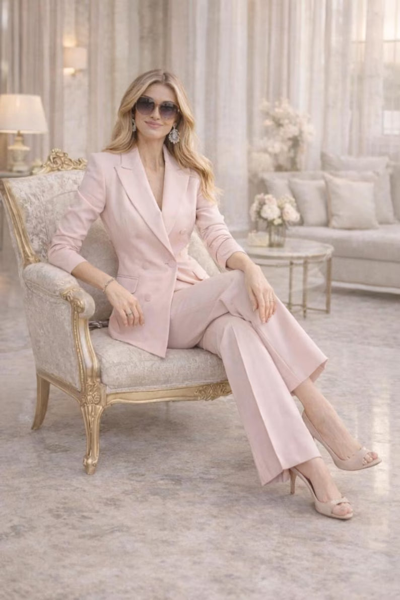 Women Pink Pantsuit Set, Double Breasted Blazer Suit, Wide Leg Trouser Suit, Wedding Formal Suit Women, Custom MadeBy Maricsuits