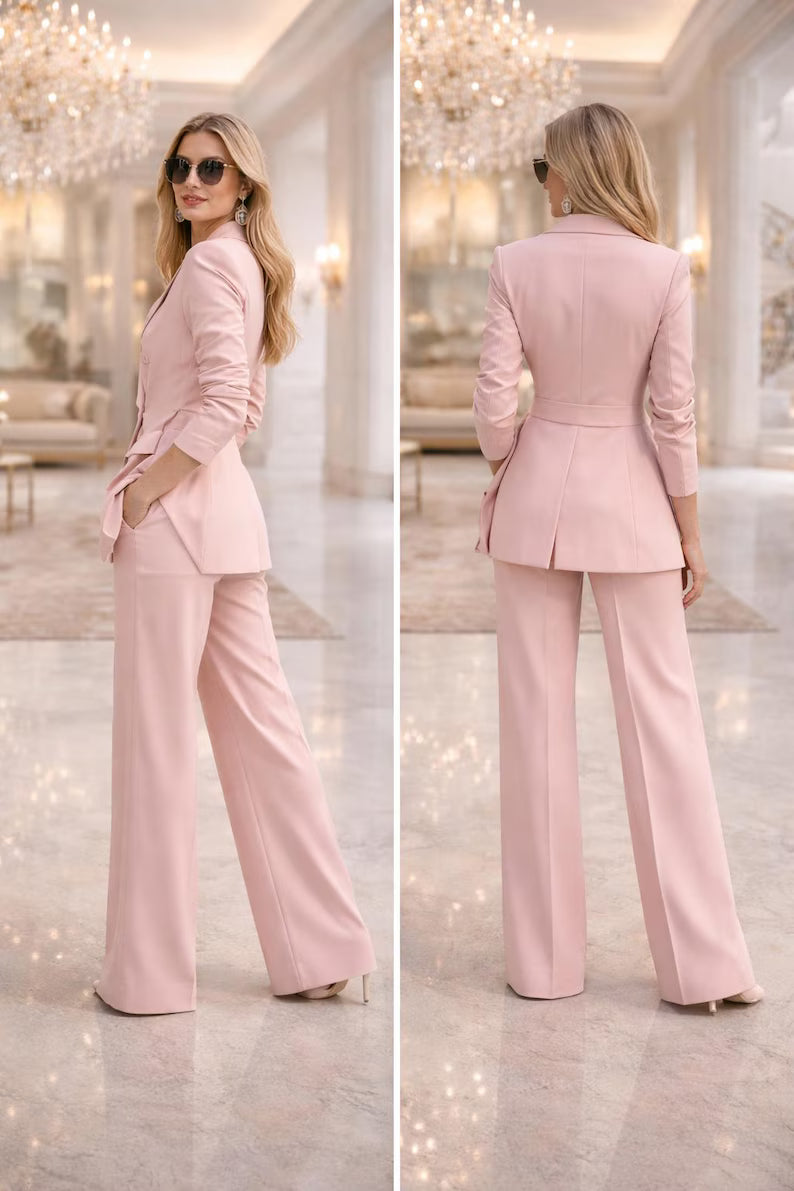 Women Pink Pantsuit Set, Double Breasted Blazer Suit, Wide Leg Trouser Suit, Wedding Formal Suit Women, Custom MadeBy Maricsuits