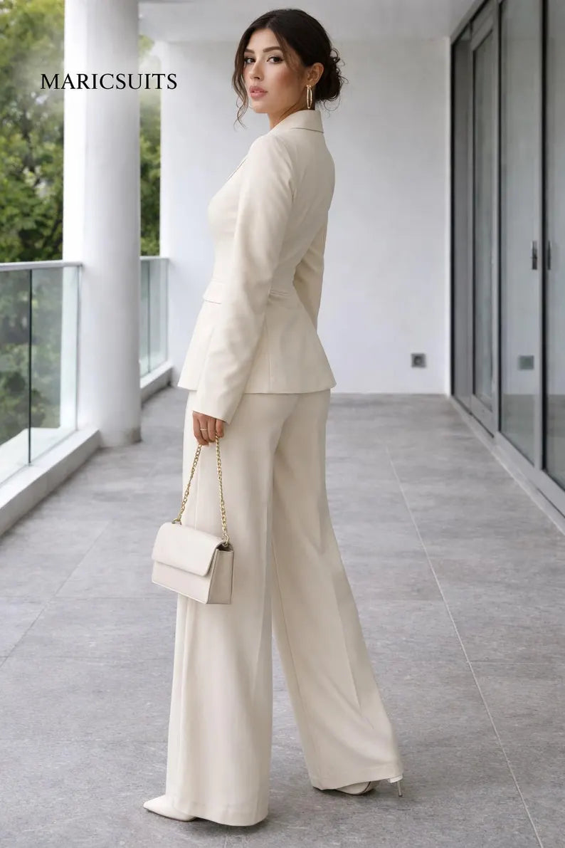Cream Wide-Leg Pantsuit Set, Elegant Tailored Blazer Trouser Outfit