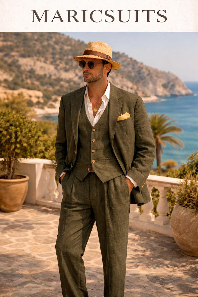 Men's Olive Green Linen 3 Piece Suit – Summer Wedding, Prom Formal Wear