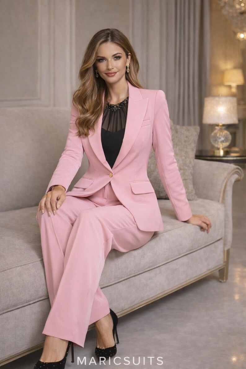 Pink Pantsuit Women's Two Piece Set, Elegant Tailored Blazer, Business Party Wear MARICSUITS