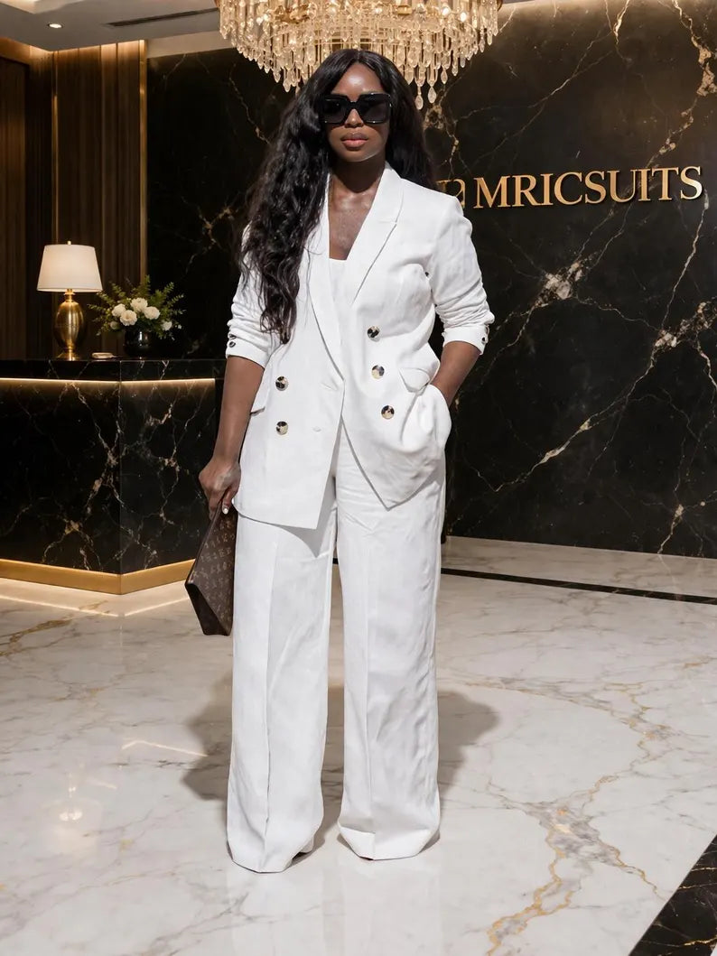 White Linen Double Breasted Suit Set, Wide Leg Trouser, Formal Wedding Prom Outfit