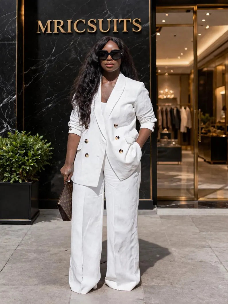 White Linen Double Breasted Suit Set, Wide Leg Trouser, Formal Wedding Prom Outfit