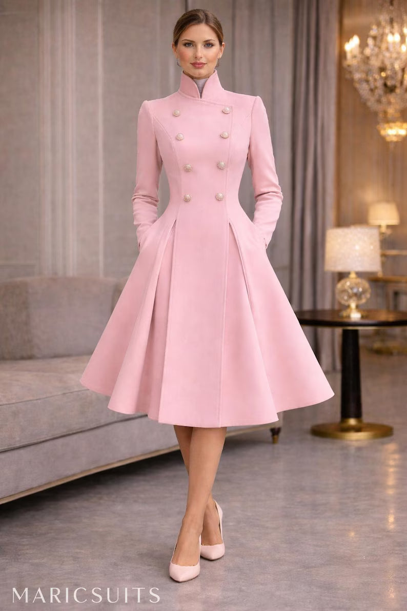 Blush Pink Fit and Flare Coat Dress: Vintage Style Formal Party Gown