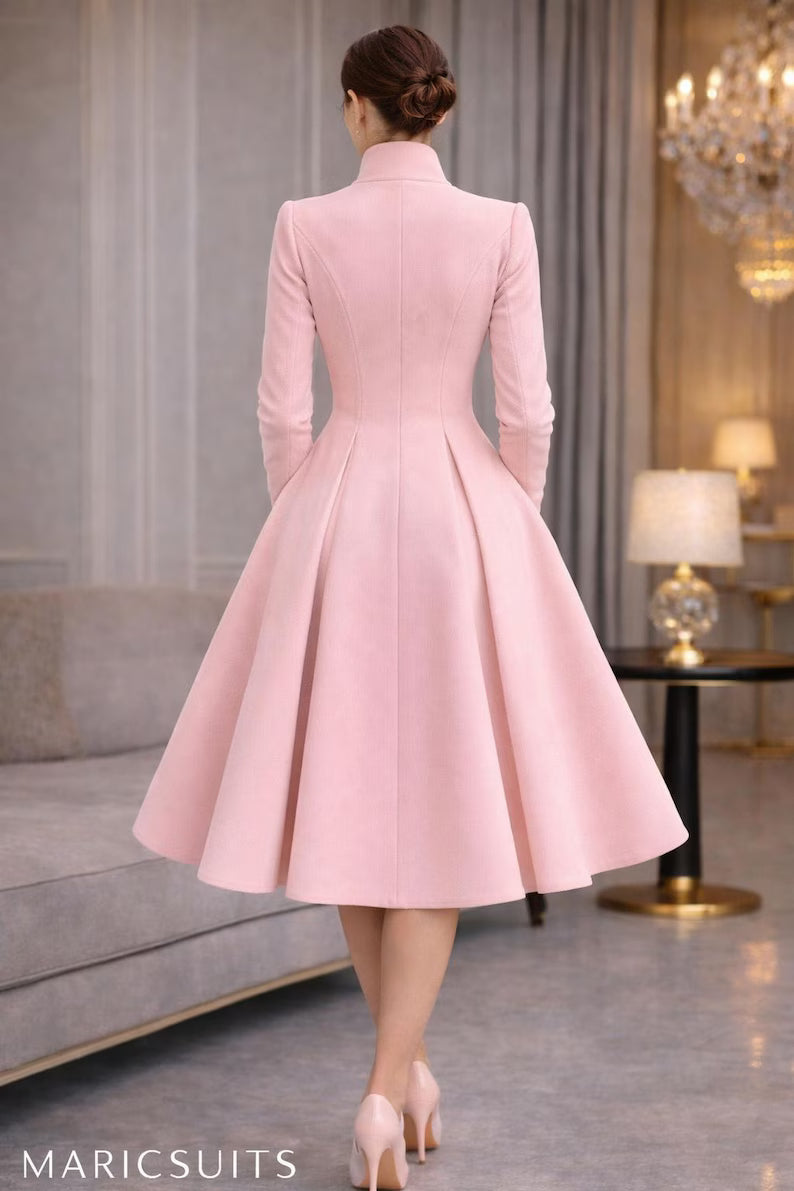 Blush Pink Fit and Flare Coat Dress: Vintage Style Formal Party Gown