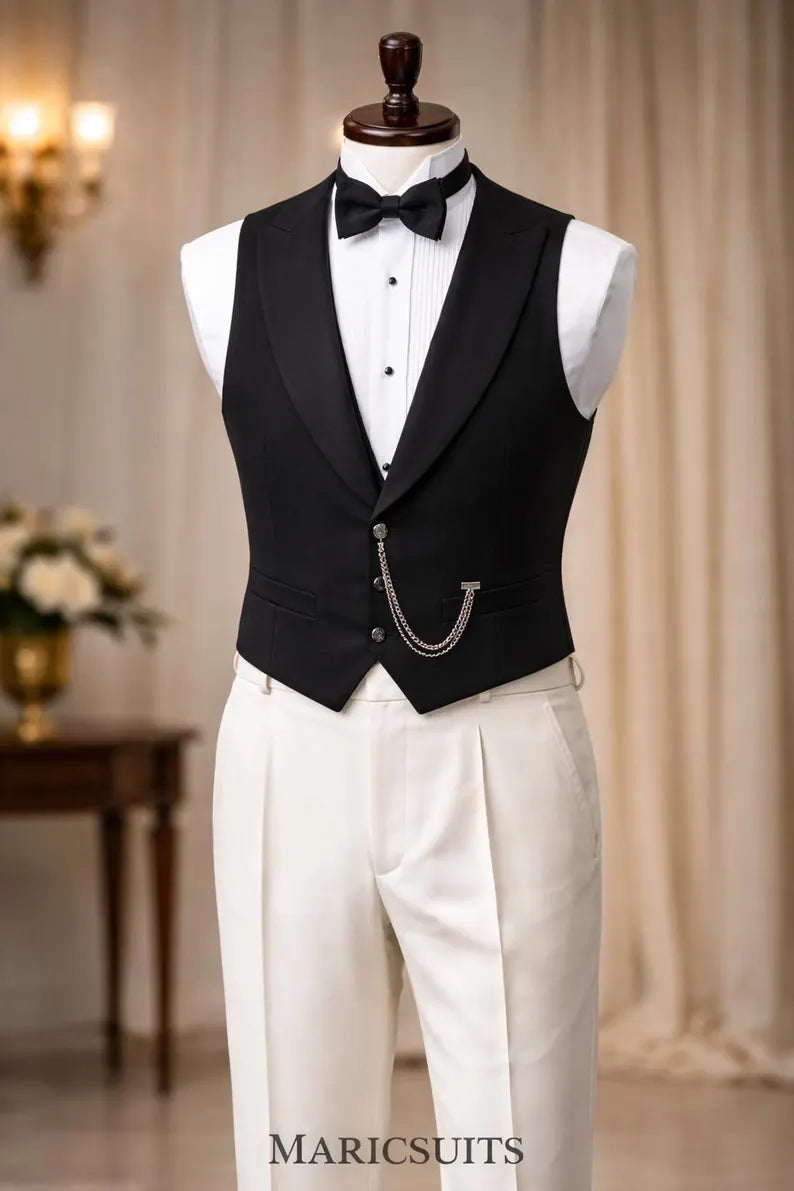 White Tailcoat Tuxedo Suit, Black Vest, Formal Wedding, Prom, Evening Wear