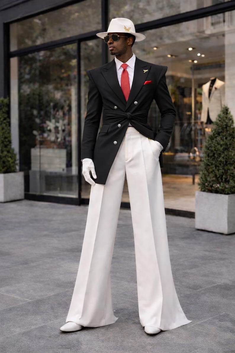 Men's Black Blazer White Trouser Suit, Modern Tailored Formal Set, Designer Statement Outfit