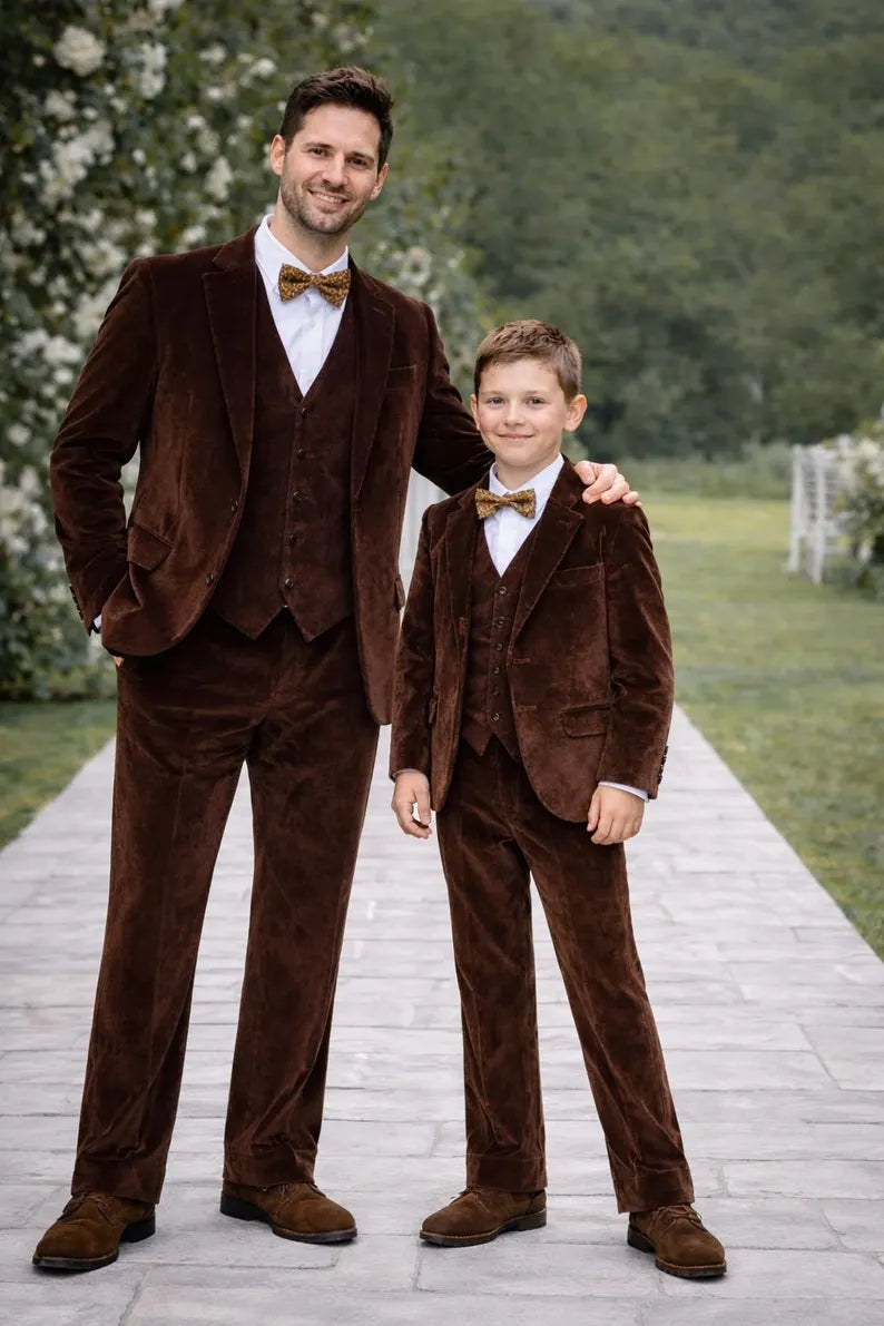 Brown Velvet Father Son Matching 3 Piece Suit, Wedding Party Outfit