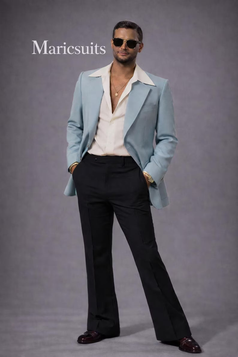 Light Blue Retro Style Men's Blazer, Vintage Inspired Custom Tailored Jacket
