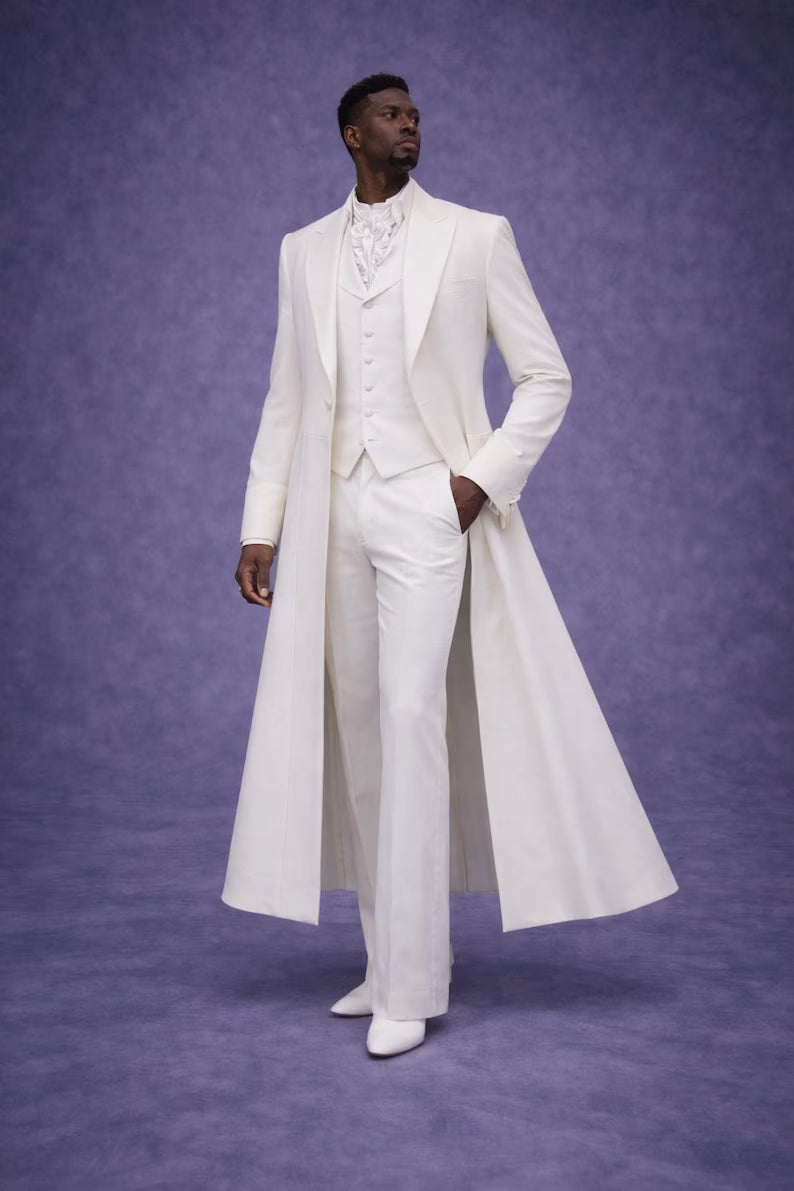 Men's Ivory White Frock Coat Tailcoat Suit – Elegant 3 Piece Wedding Groom Formal Wear