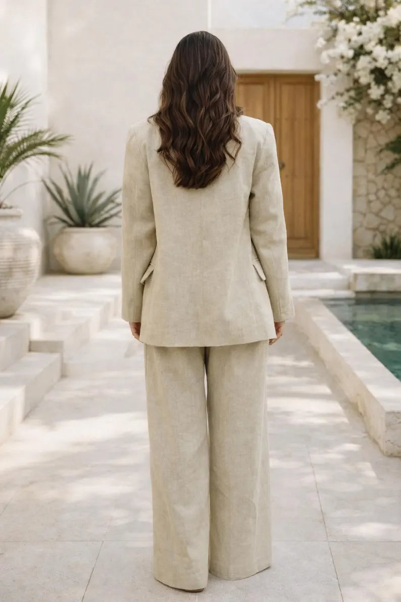 Beige Linen 3 Piece Suit Women, Oversized Blazer Vest Wide Leg Pants Set