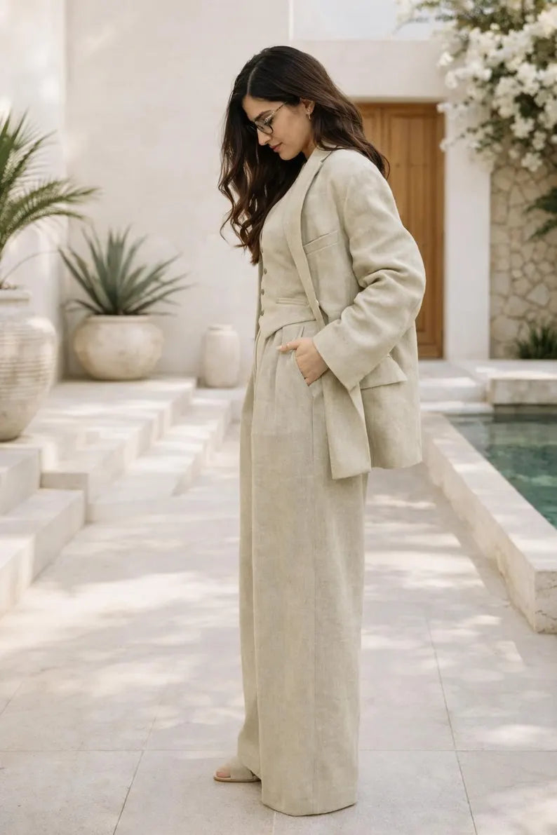Beige Linen 3 Piece Suit Women, Oversized Blazer Vest Wide Leg Pants Set