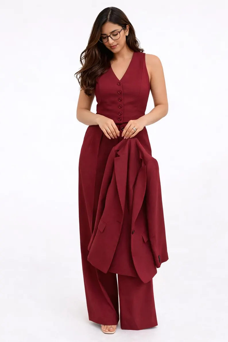 Burgundy 3-Piece Pantsuit, Wide Leg Blazer Vest, Elegant Formal Outfit