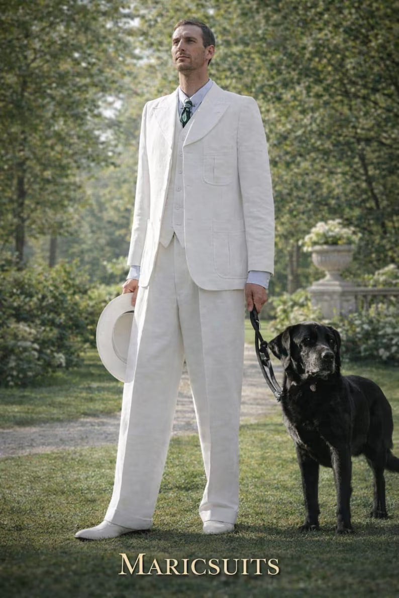 Men's White Linen 3 Piece Suit, Vintage Groom Wedding Formal Wear By MARICSUITS