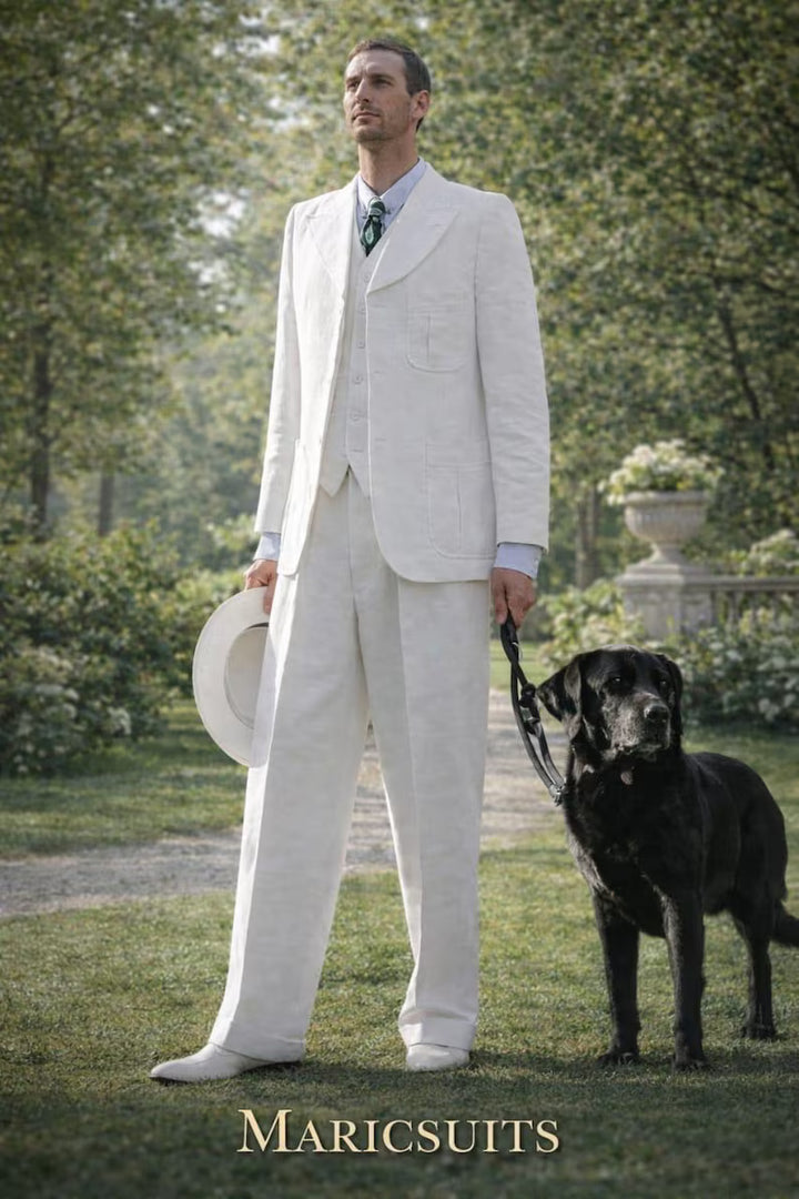 Men's White Linen 3 Piece Suit, Vintage Groom Wedding Formal Wear By MARICSUITS