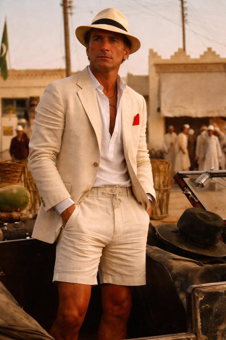 Men's Beige Linen Suit Set – Summer Blazer, Shorts, Beach Wedding Outfit