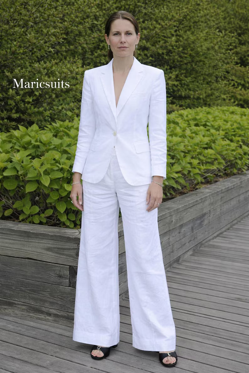 White Linen Suit Women, Summer Blazer Wide Leg Pants Set, Custom Tailored Outfit