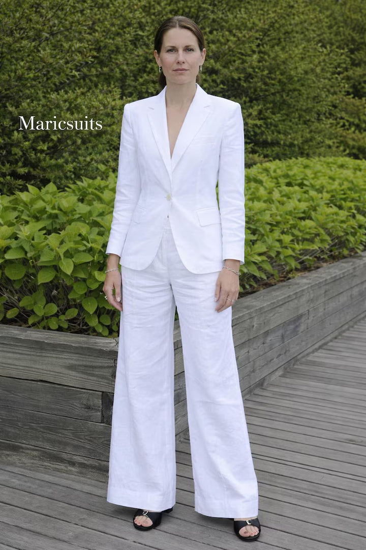 White Linen Suit Women, Summer Blazer Wide Leg Pants Set, Custom Tailored Outfit