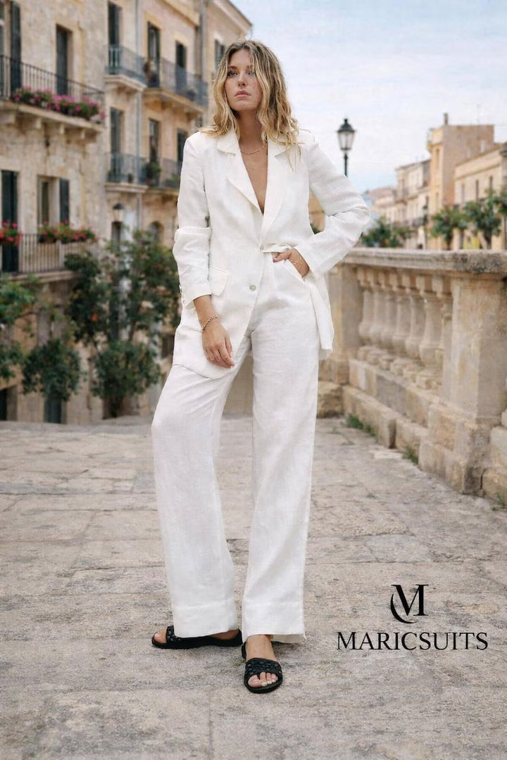 White Linen Pantsuit Set – Loose Fit Blazer, Summer Vacation Co-Ord