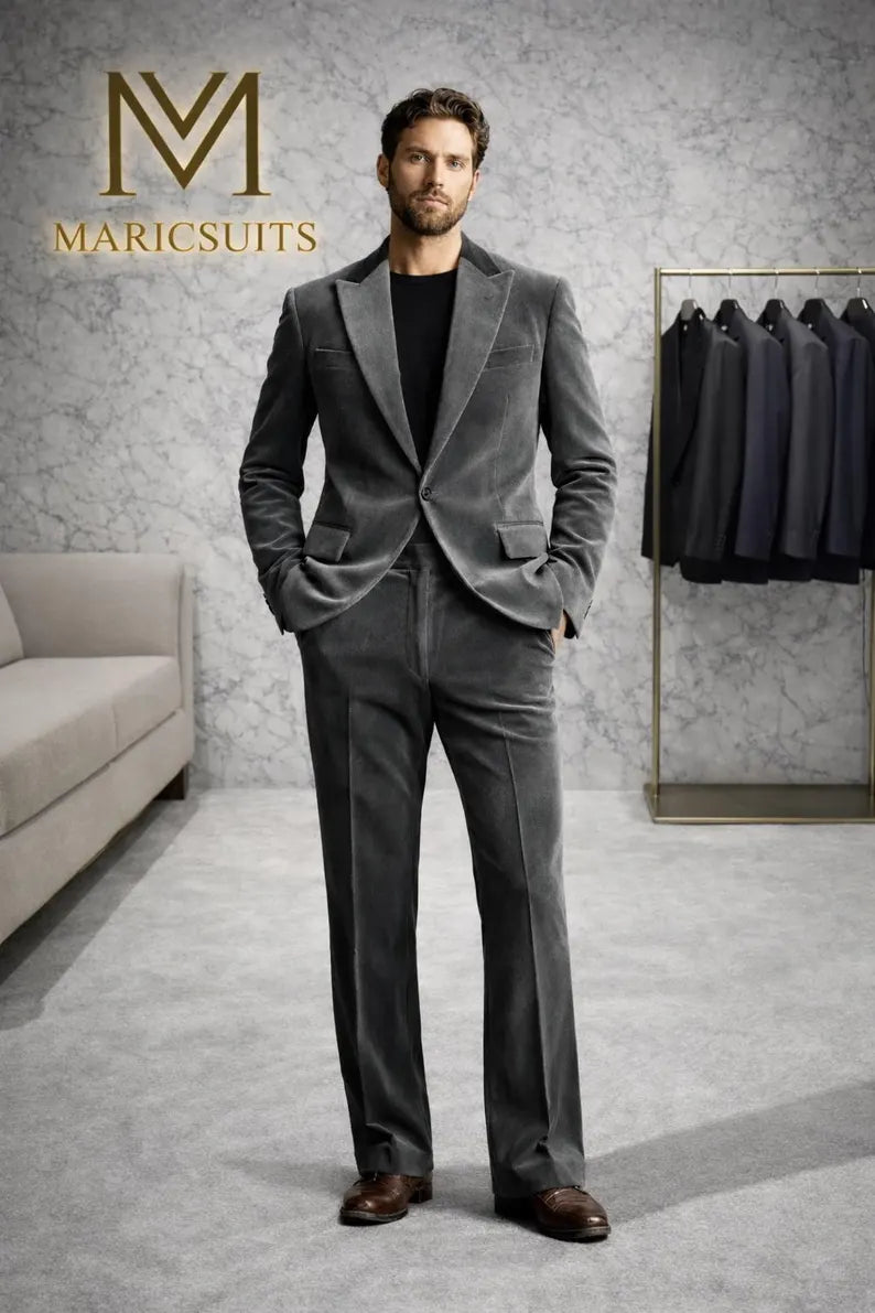 Men's Grey Velvet Suit Set | Slim Fit Blazer and Trousers | Formal Wedding Wear