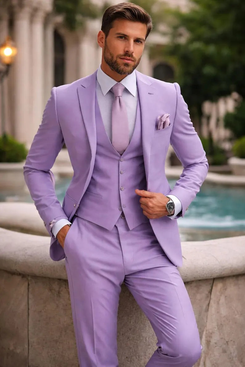 Men's Lavender 3 Piece Suit, Lilac Wedding Groom Outfit, Pastel Peak Lapel Formal Suit