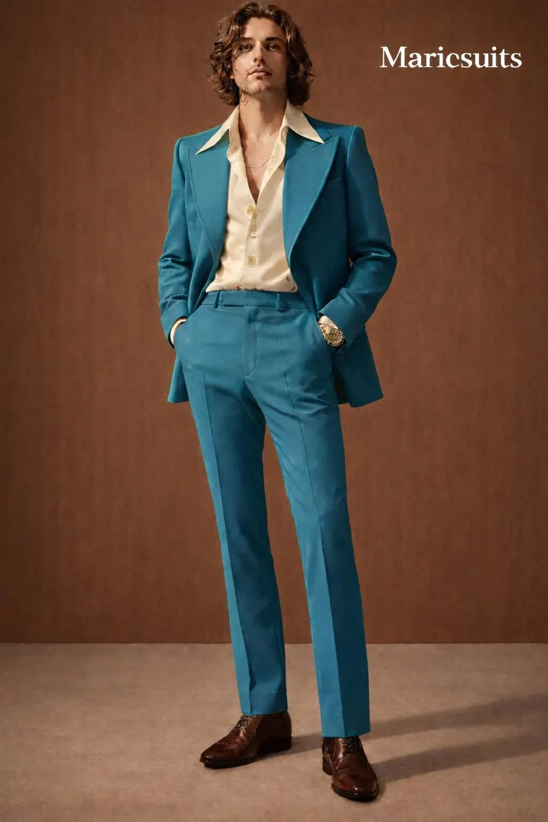 Teal Blue Two Piece Suit, Vintage Style Wedding Prom Formal Wear