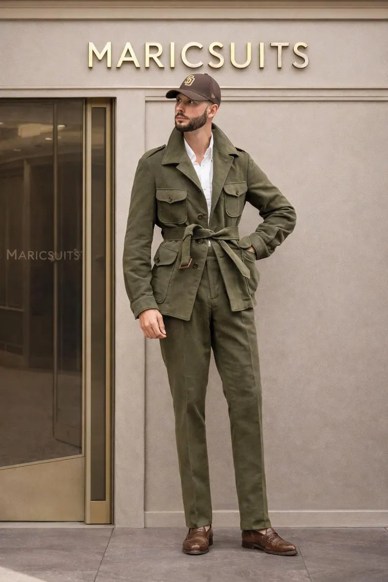 Men's Olive Green Safari Suit, Belted Linen Blend Jacket & Trousers, Summer Wedding Outfit