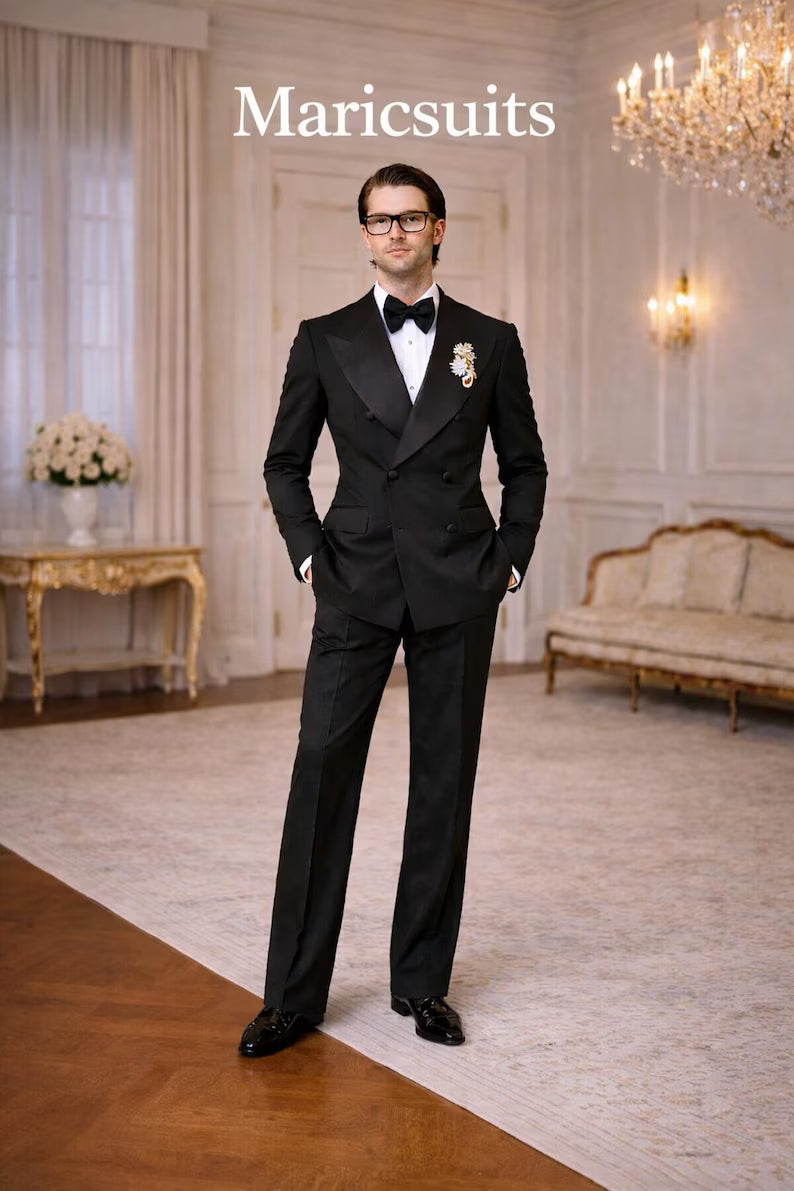 Mens Black Double Breasted Tuxedo Suit: Satin Peak Lapel, Custom Made Formal Wear
