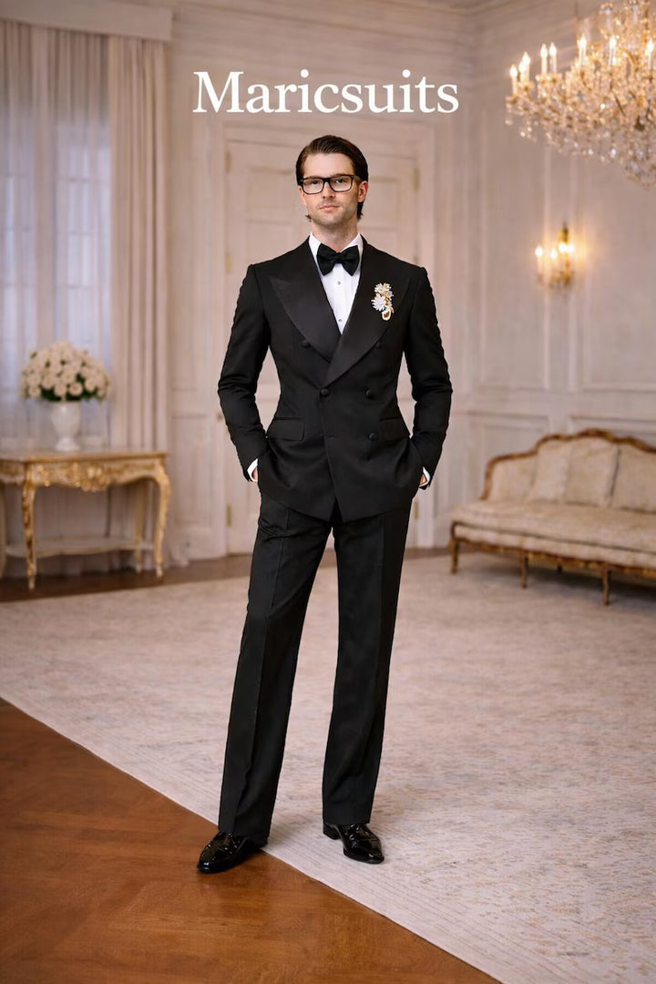 Mens Black Double Breasted Tuxedo Suit: Satin Peak Lapel, Custom Made Formal Wear