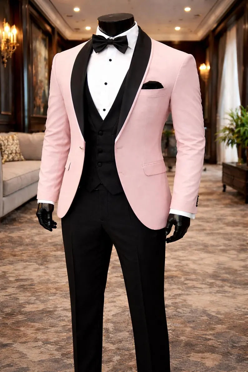 Men's Blush Pink Tuxedo Suit with Black Shawl Lapel, Custom Tailored Fit Formal Wear