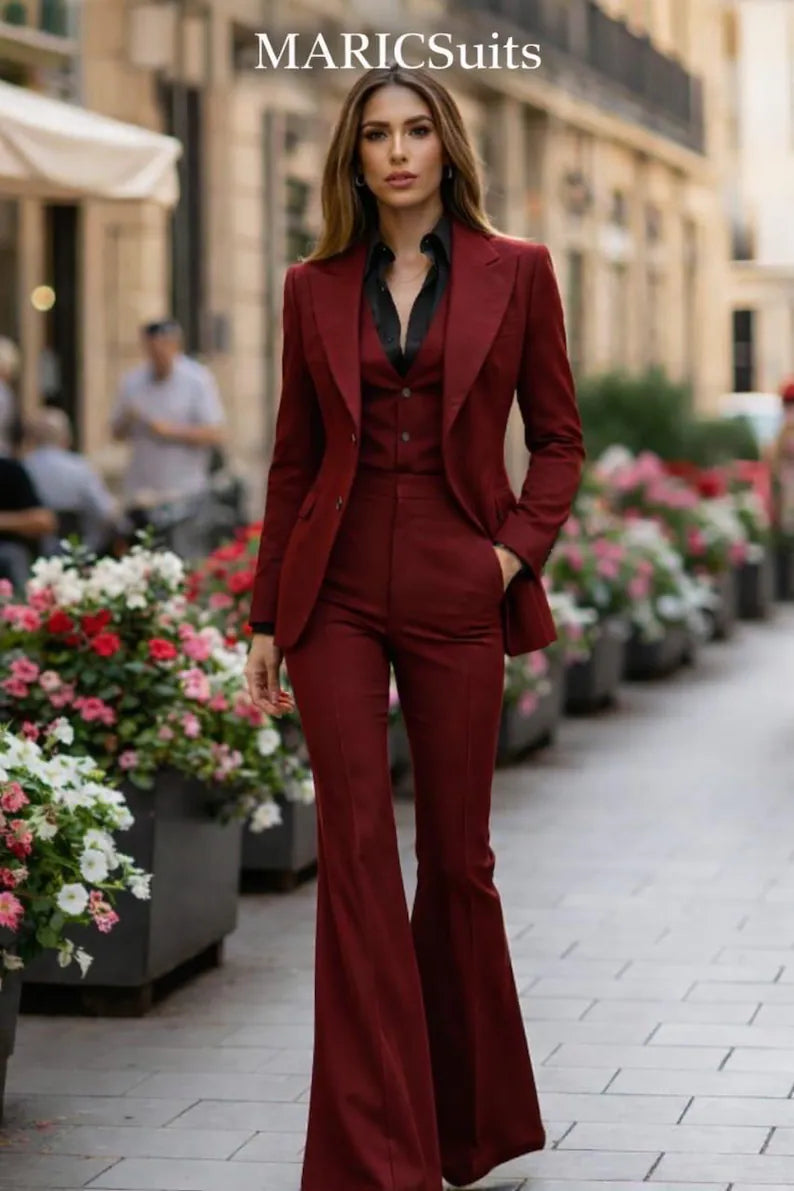 Women Burgundy 3 Piece Suit Set, Elegant Tailored Blazer Vest Pants Outfit