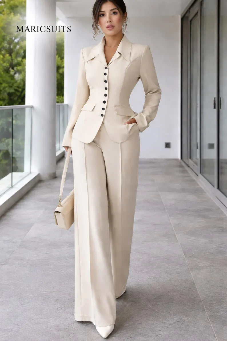 Cream Wide-Leg Pantsuit Set, Elegant Tailored Blazer Trouser Outfit