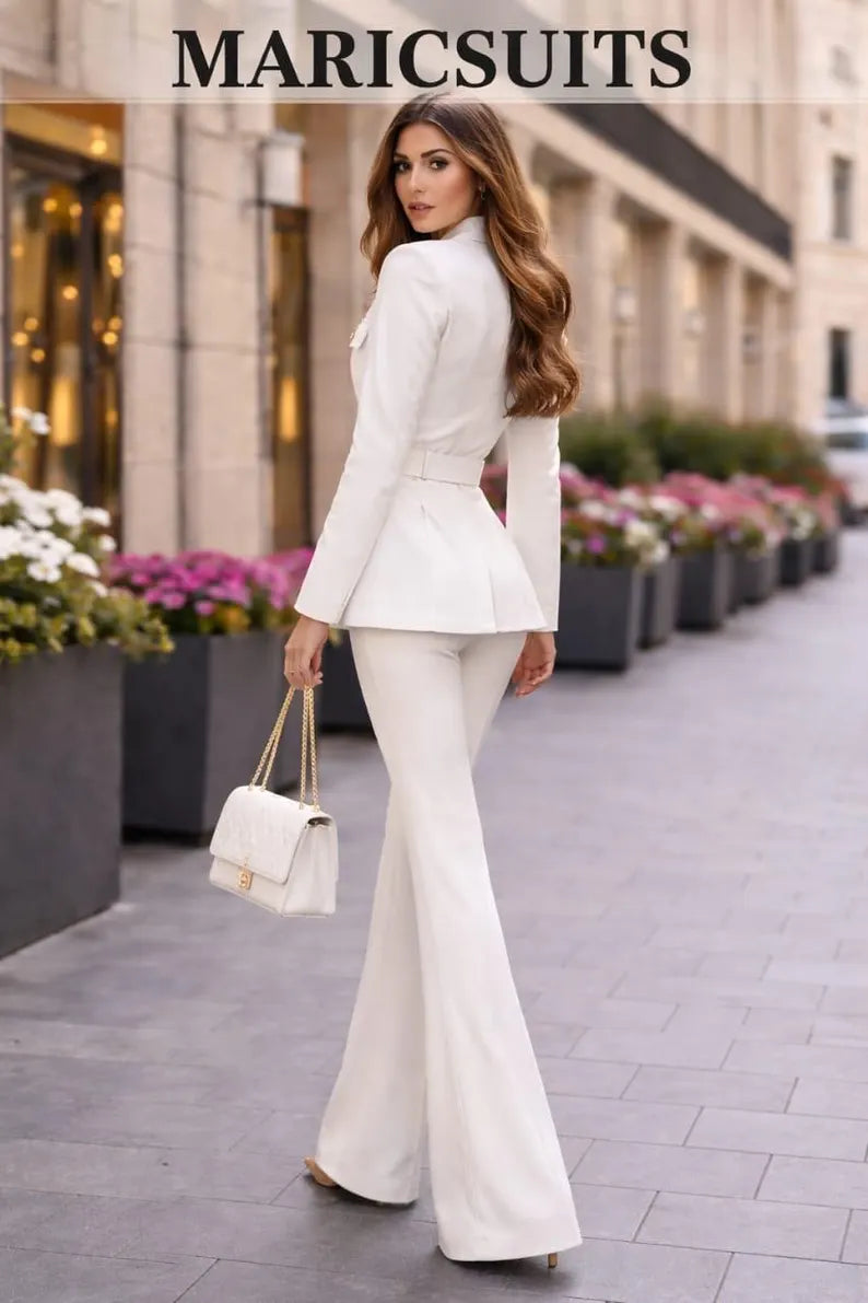 Ivory Belted Blazer Pantsuit, Elegant Formal Office Wear, Wedding Guest Outfit