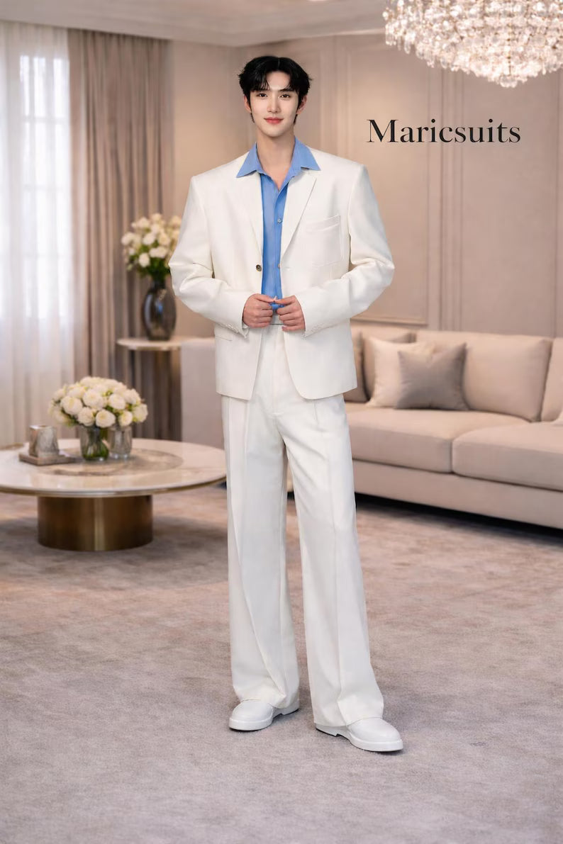 White Men Suit Set, Ivory Wedding Groom Suit, Korean Style Wide Leg Formal Outfit