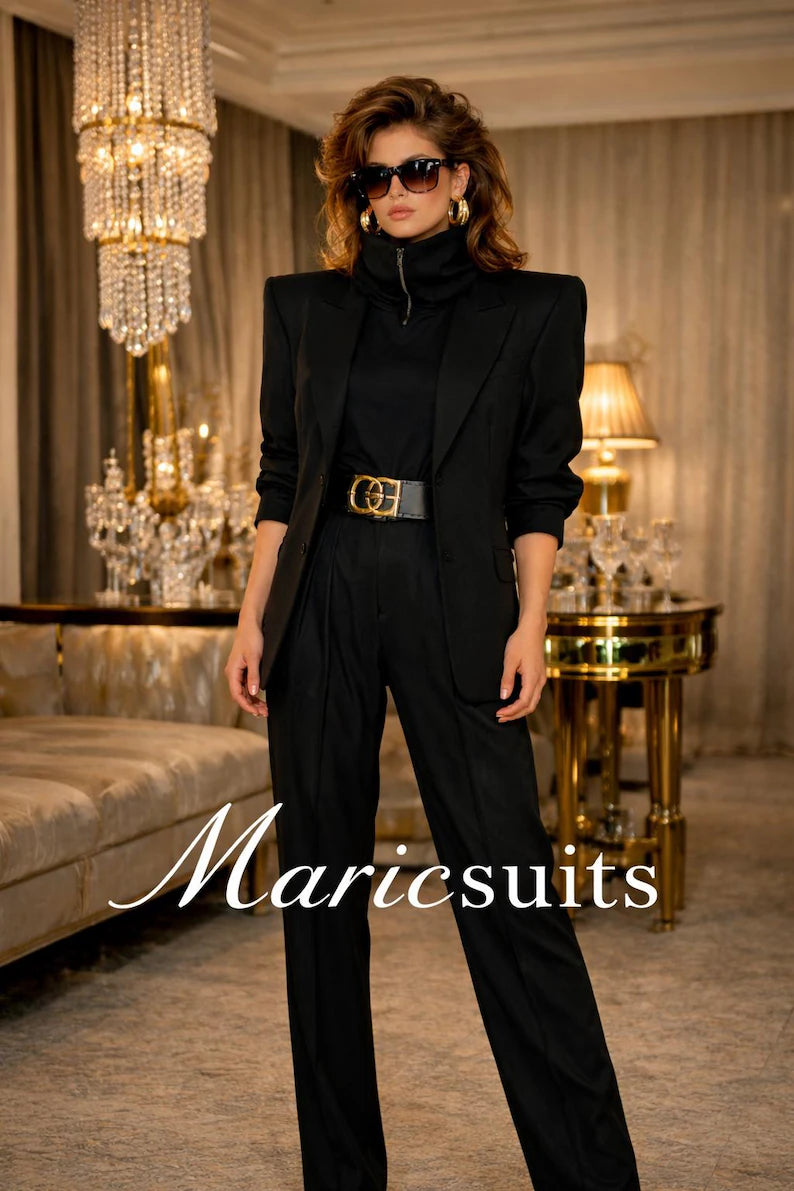 Black Power Suit Set, Designer Blazer Trouser Outfit, Formal Evening Wear