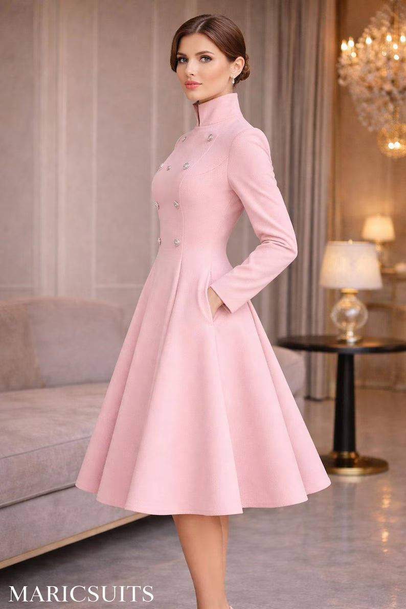 Blush Pink Fit and Flare Coat Dress: Vintage Style Formal Party Gown