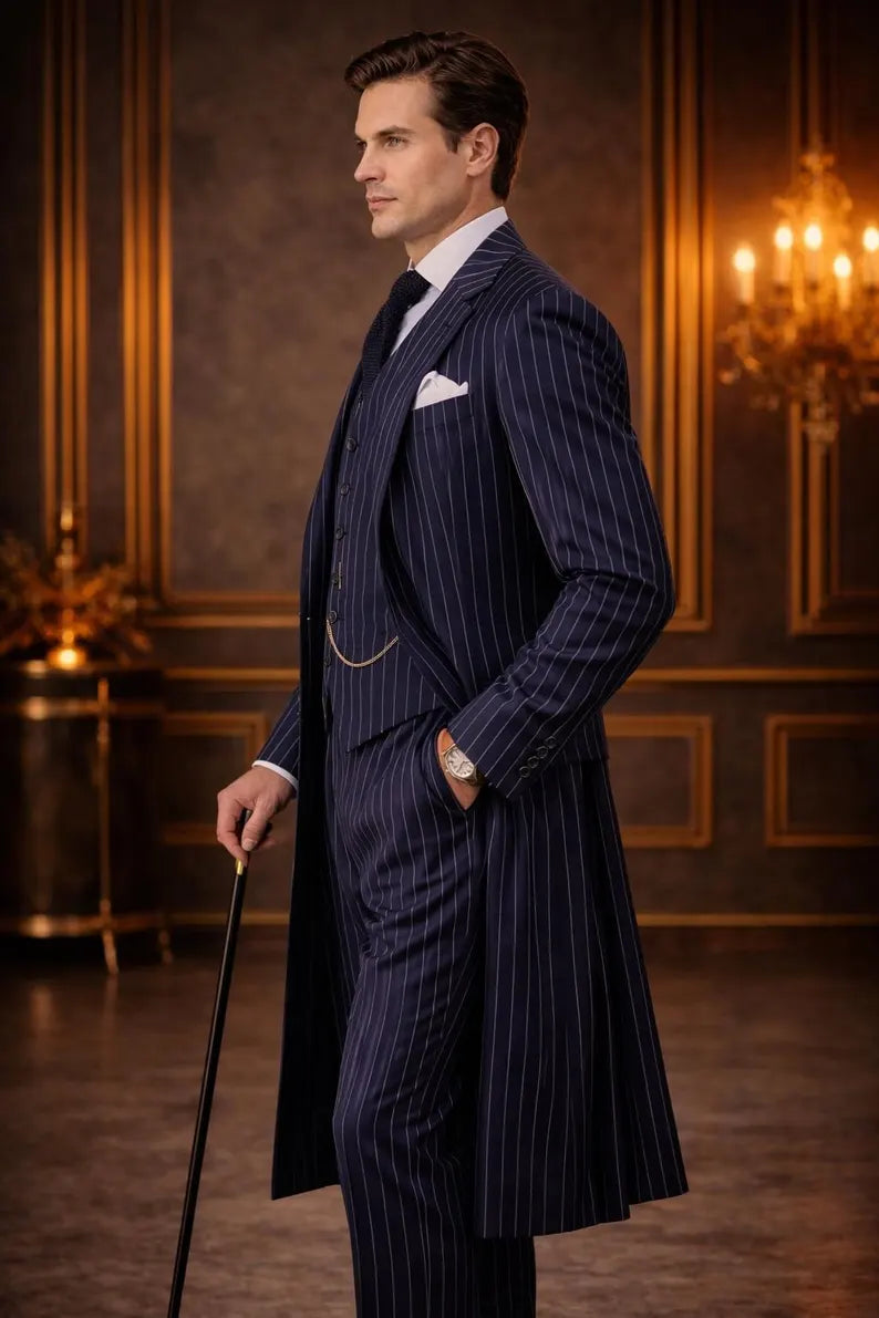 Men's Navy Pinstripe 4-Piece Tailcoat Suit | Formal Wedding Groom Outfit