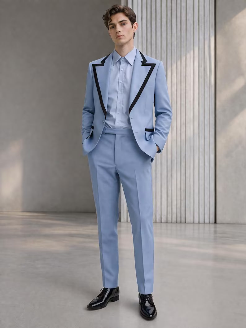 Light Blue Slim Fit Suit with Contrast Lapel | Men's Formal Wedding Prom Outfit