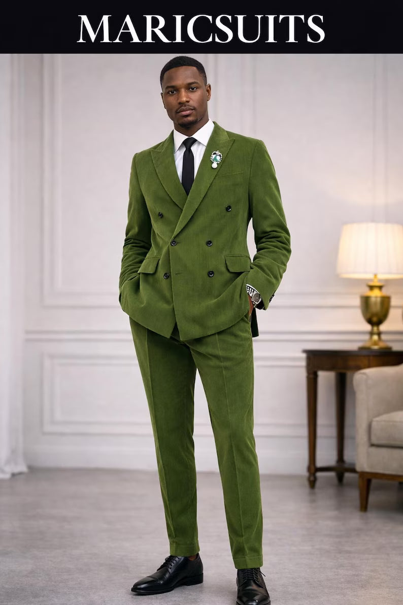 Olive Green Double Breasted Corduroy Suit | Men's Formal Wedding Groom Outfit