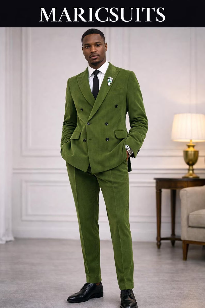Olive Green Double Breasted Corduroy Suit | Men's Formal Wedding Groom Outfit