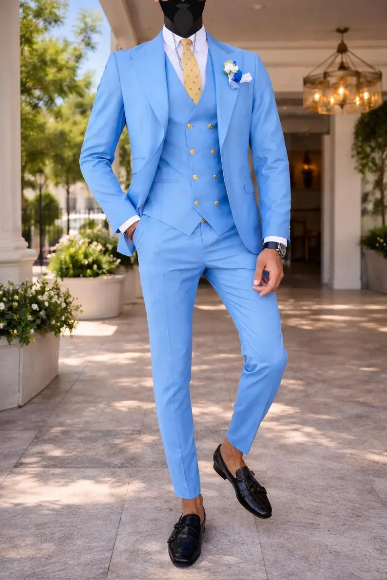 Sky Blue Slim Fit 3 Piece Suit, Double Breasted Vest, Luxury Wedding Groom Outfit