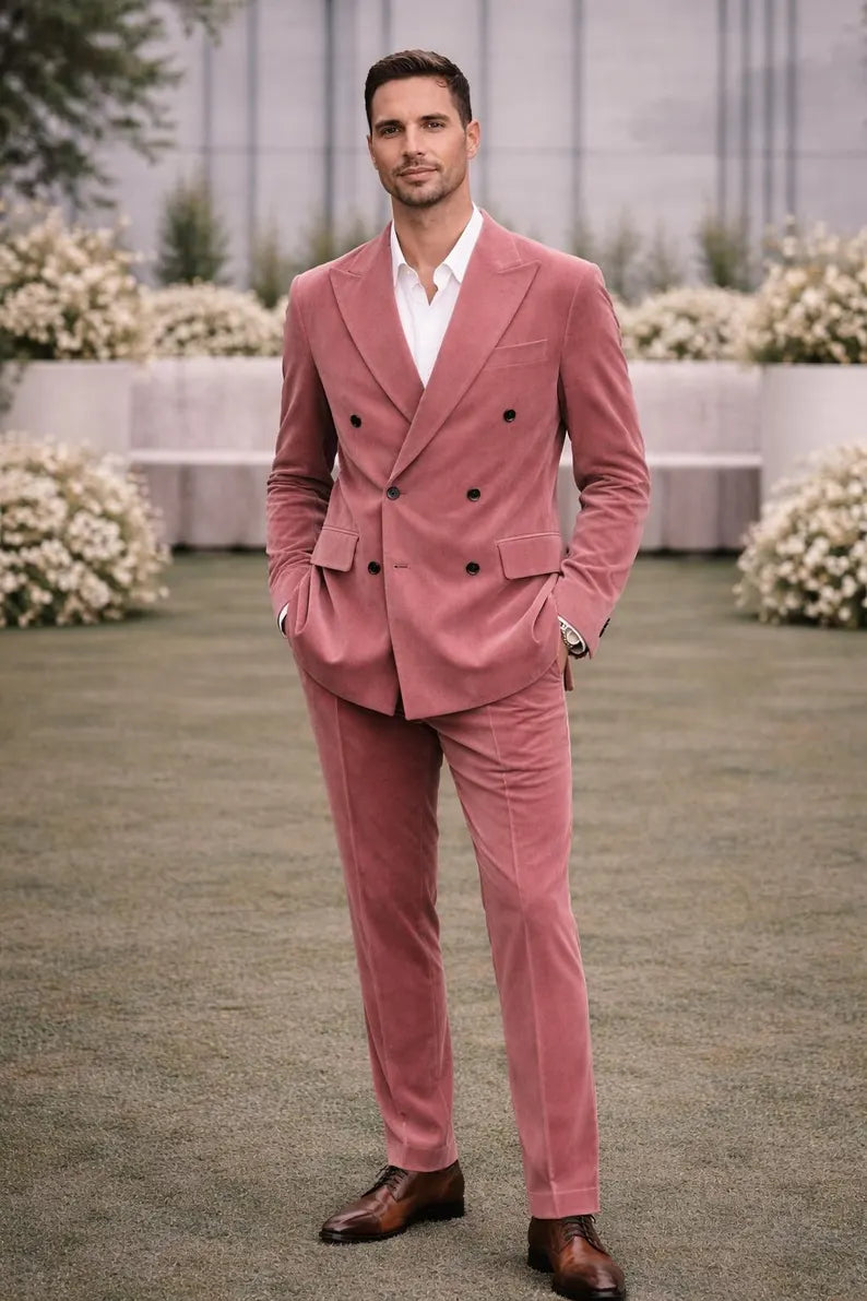 Pink Velvet Double Breasted Suit for Men | Luxury Designer Formal Wear