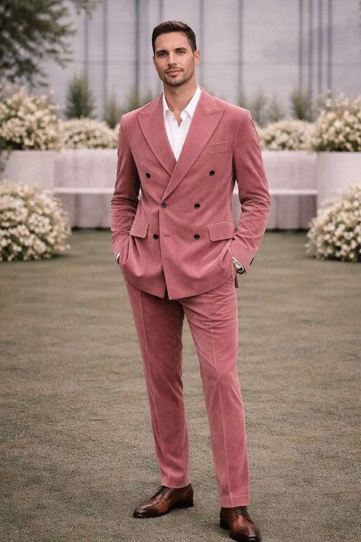 Pink Velvet Double Breasted Suit for Men | Luxury Designer Formal Wear