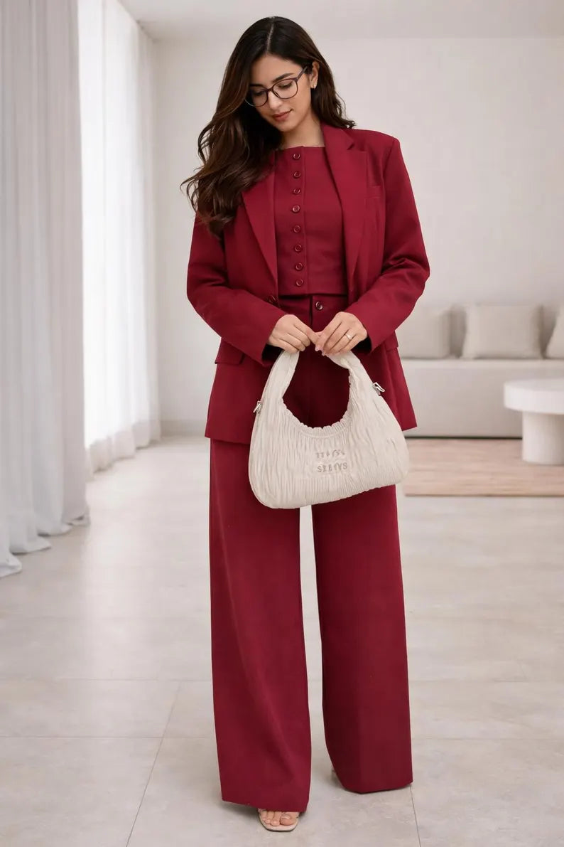 Burgundy 3-Piece Pantsuit, Wide Leg Blazer Vest, Elegant Formal Outfit