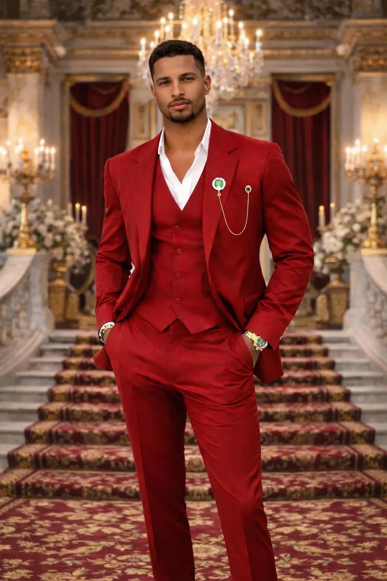 Men's Red 3-Piece Wedding Suit | Royal Palace Slim Fit Formal Outfit
